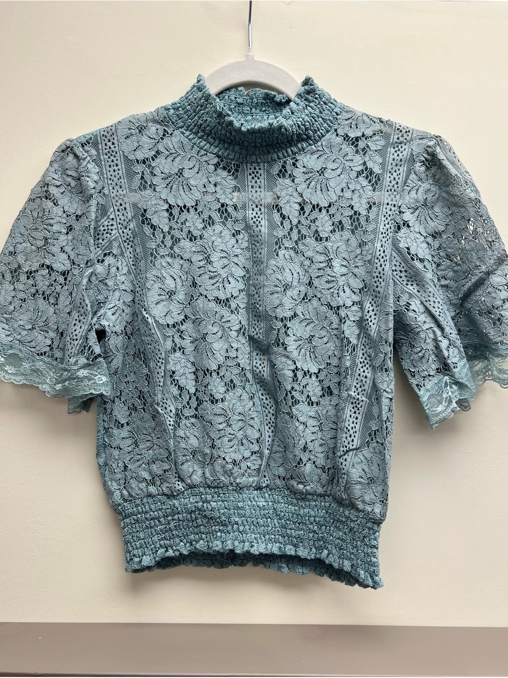 Peach Couture Dusty Blue Lace Smocked Mock-Neck Blouse